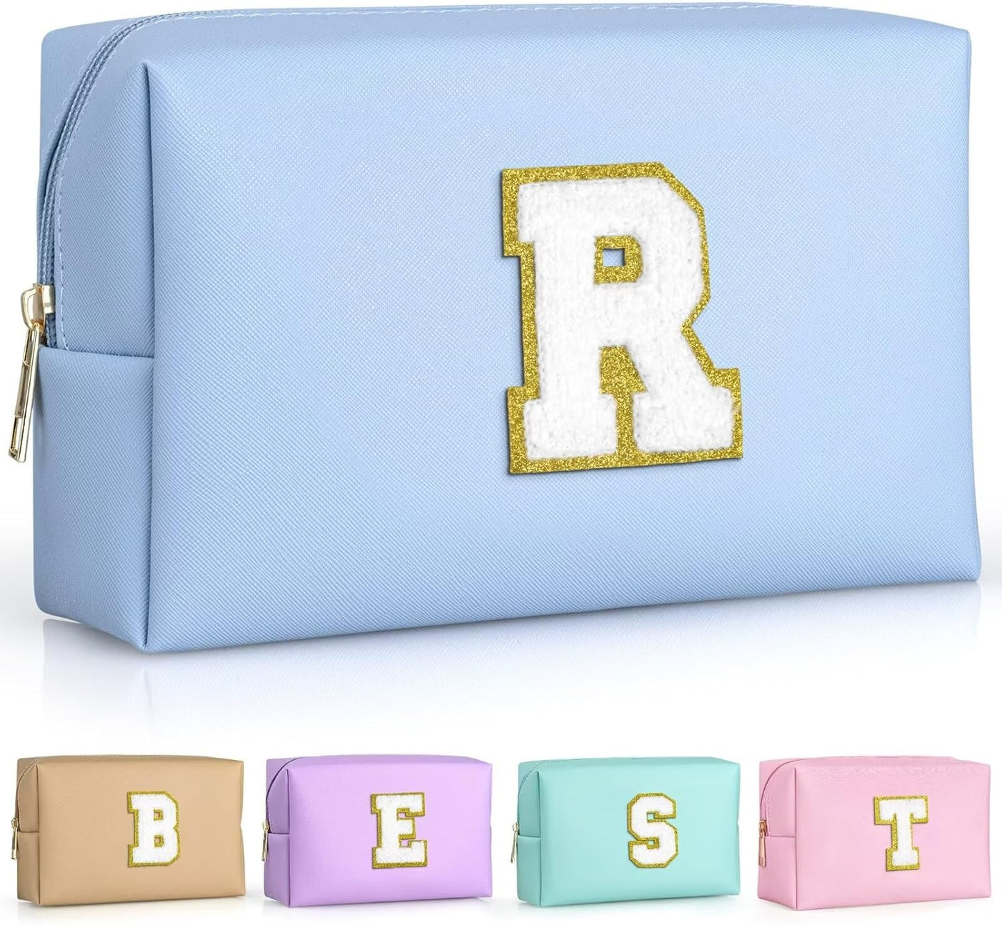 TOPEAST Cosmetic Travel Bags for Women, Preppy Small Makeup Bag, PU Leather Waterproof Toiletry Bag, Unique Friendship Gifts for Friends Coworker, Cute Stuff for Girls (Sky Blue R)