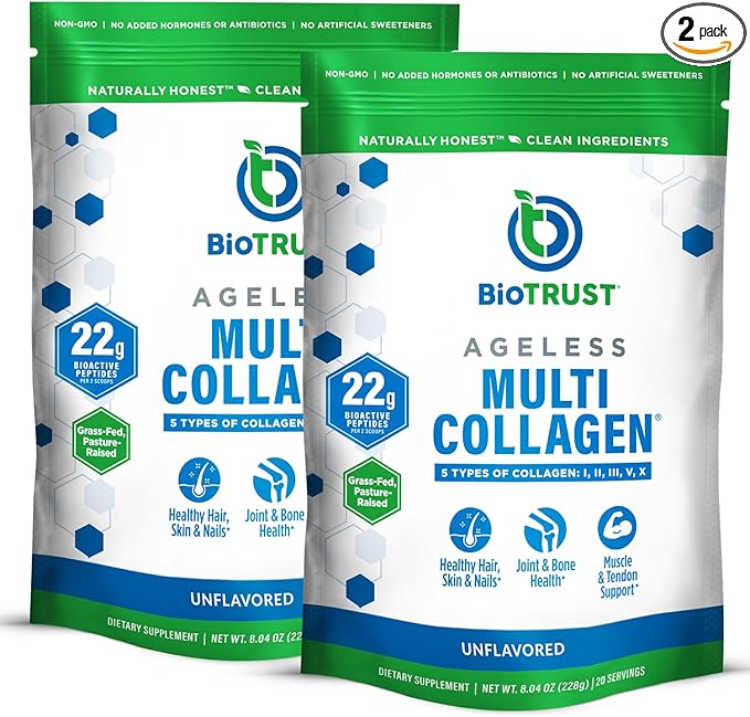 BioTrust Ageless Multi Collagen Protein Powder – 5 Collagen Types (I, II, III, V, X) for Hair, Skin, Nails & Joints – Grass Fed Beef, Sustainable Fish, Chicken & Eggshell Membrane (Unflavored, 2 Pack)