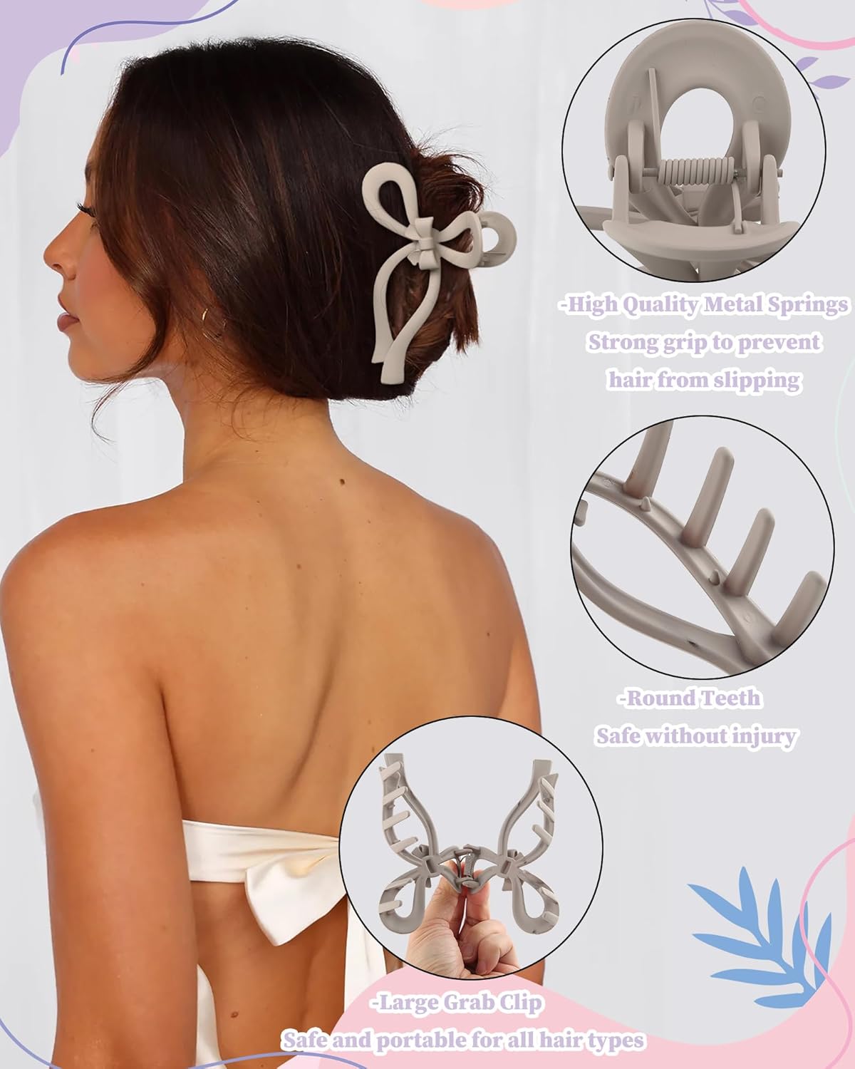 4 PCS Bow Hair Clips Bow Claw Clip for Women Nonslip Large Hair Claw Clips for Thin and Thick Hair Strong Hold Hair Bows (Gray+Light Brown+Dark Brown+Dark Blue)