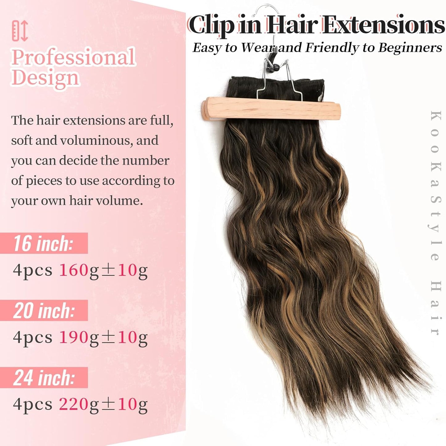 KooKaStyle Clip in Synthetic Hair Extensions Long Wavy 4PCS Black&Dark mix light brown Fiber Double Weft Natural Hair Extensions 20 Inch for Women