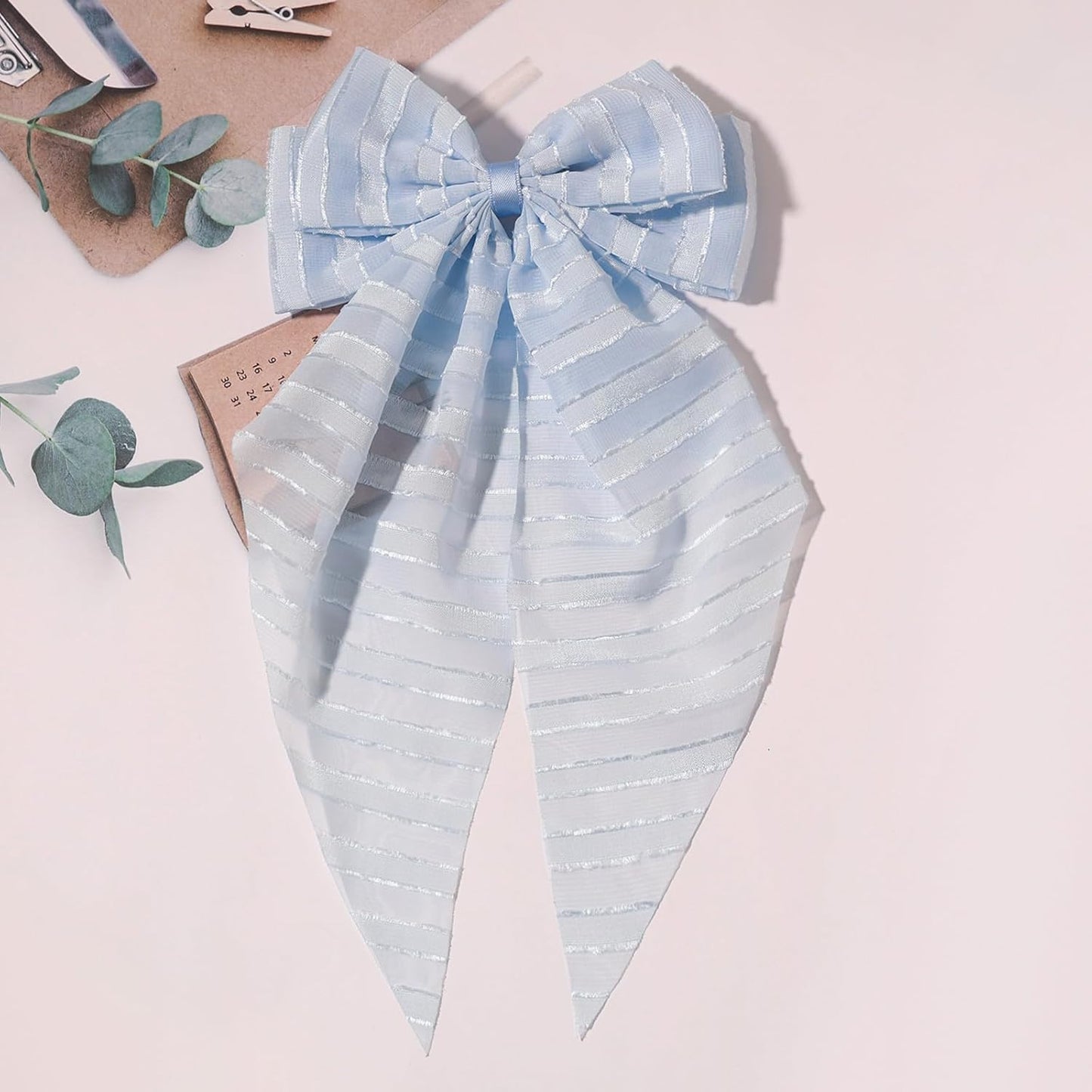 Furling Pompoms Hair Clip - Hair Bow Clip for Women, 6 Pieces, Large Hair Bows with Long Tail Tulle Striped and Ribbon Bows, Suitable for Many Occasions