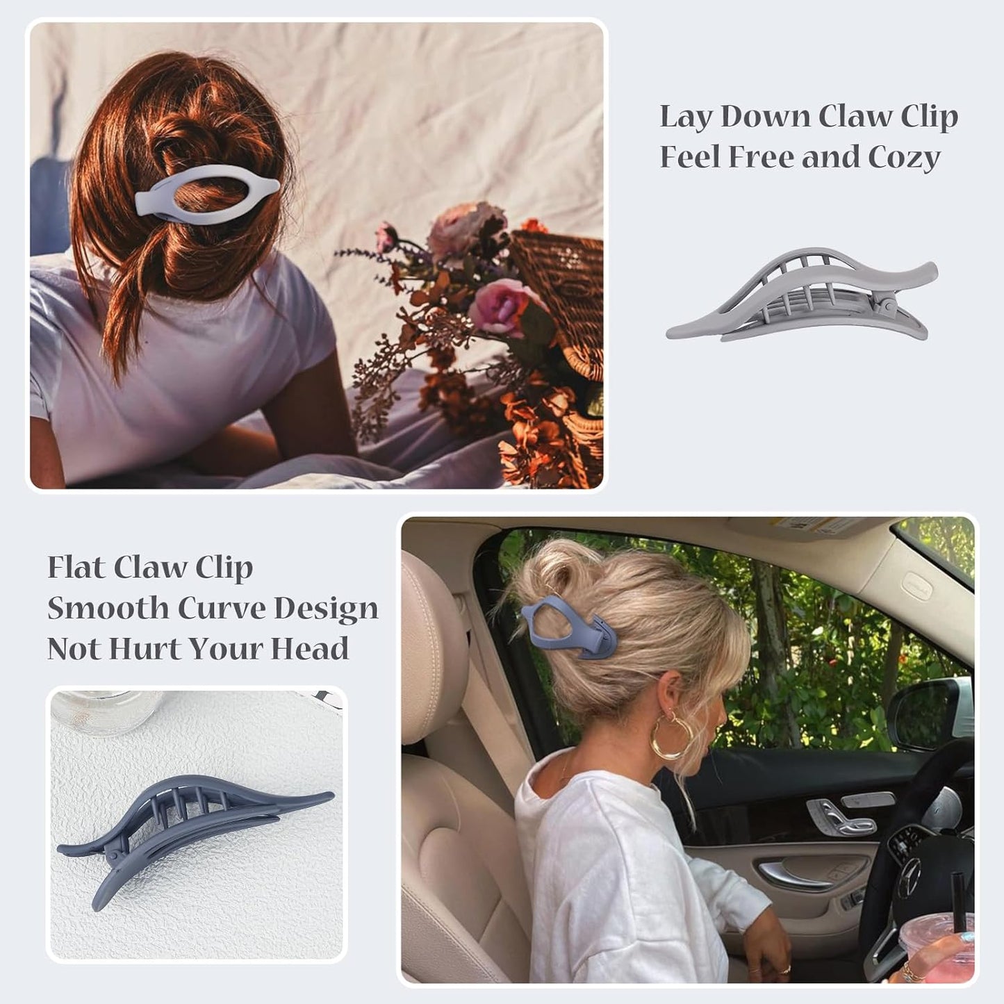 Flat Hair Clip 6 pcs Lay Down Claw Clips Hair Accessories for Women -Grey