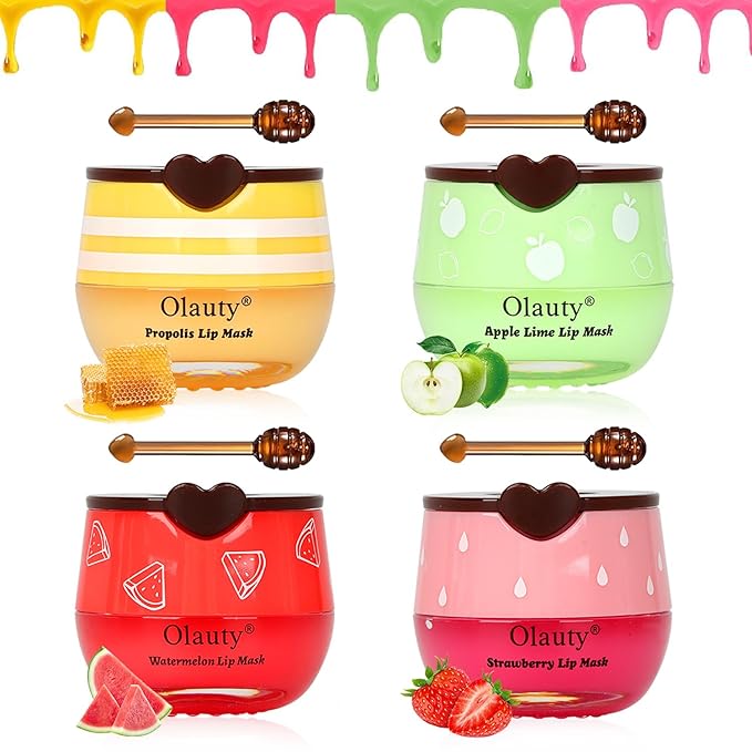 4 PCS Bee Lip Balm Honey Pot,Strawberry&Honey&Watermelon&Apple Lime Lip Sleeping Mask,Hydrating Prevention Dry and Cracked Lip (Honey & Strawberry & Watermelon & Apple Lime)