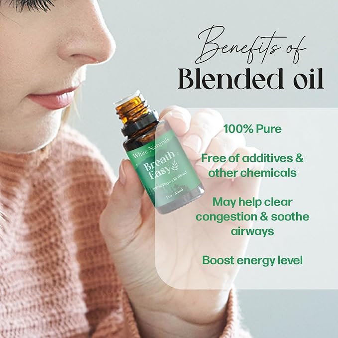White Naturals Breathe Easy Essential Oil Blend – Refreshing Aromatherapy Oil for Clear Breathing & Comfort, 100% Pure & Natural Essential Oils for Freshness, 1oz