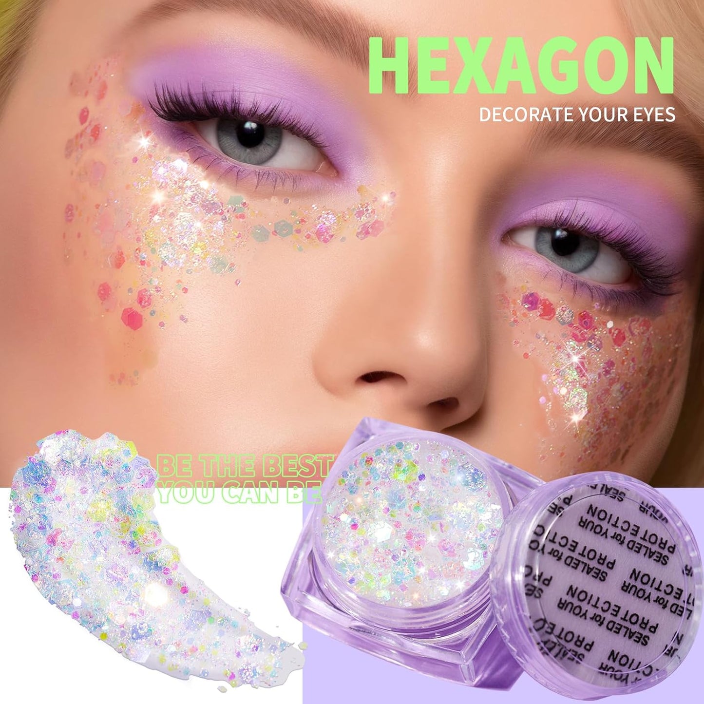 Teenitor Face Glitter Body Glitter, Clear White Body Glitter Gel, Hair Glitter Gel, 6 Shapes Rave Glitter, Mermaid Sequins Makeup Glitters Face Paint, Chunky Sparkling Glitter Gel for Women