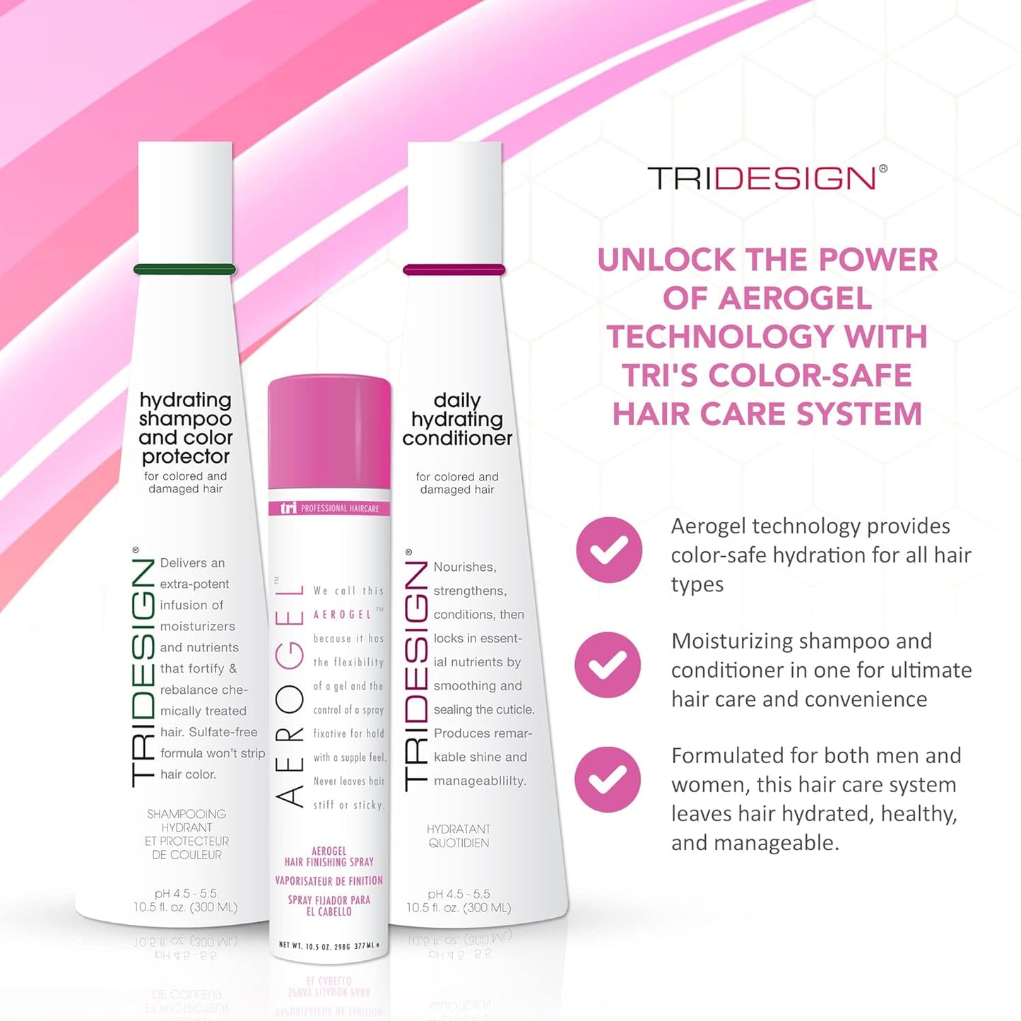 TRI Design Aerogel Hairspray 10.5 oz., Hydrating Shampoo 10.5 oz. and Daily Hydrating Conditioner 10.5 oz. - Color Safe Shampoo and Conditioner with Hairspray for Women and Men