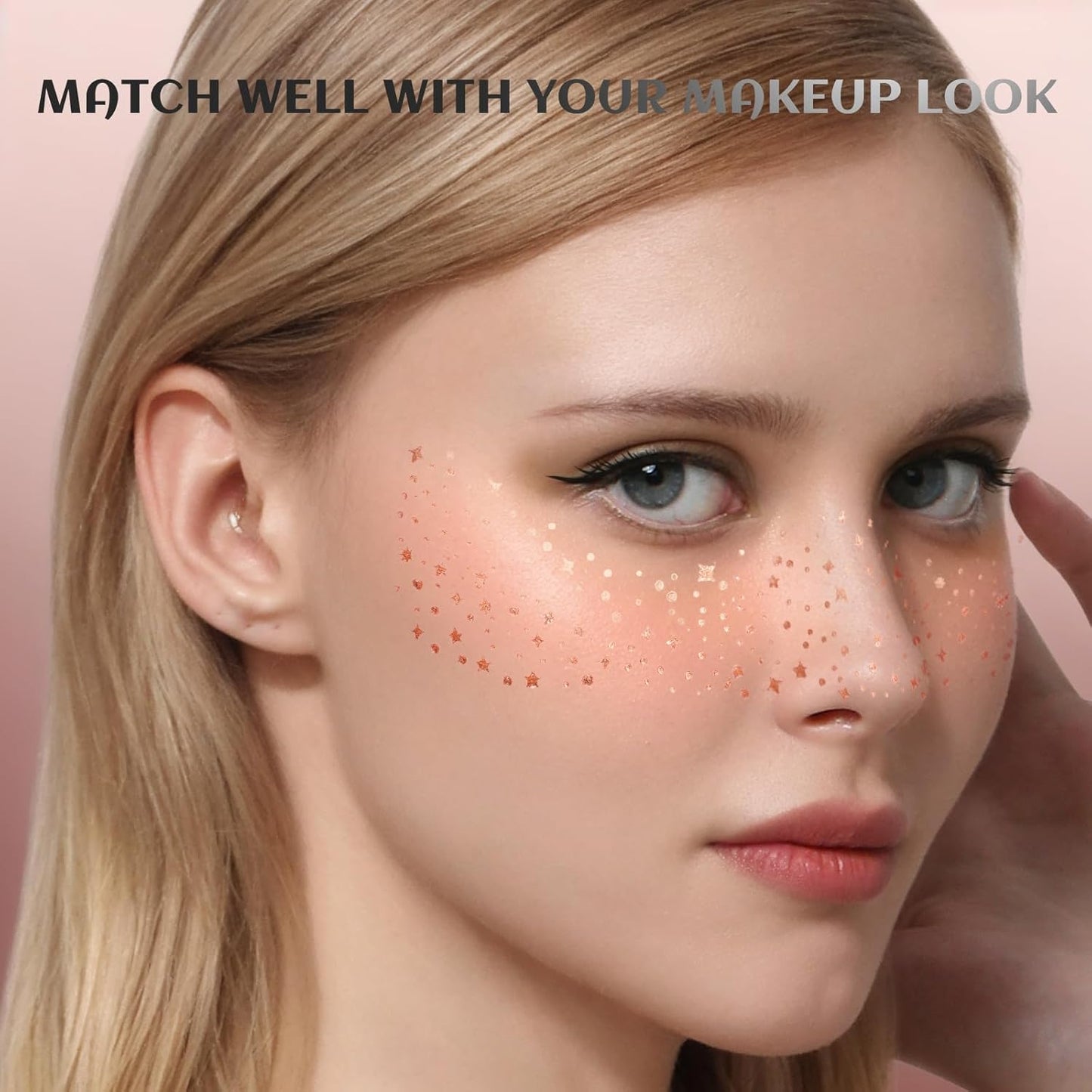 12Pcs Glitter Freckles Rose Gold, Glitter Freckles Cute Face Freckles, Face Glitter for Women Makeup Patches Makeup Freckles for Women Rose Gold