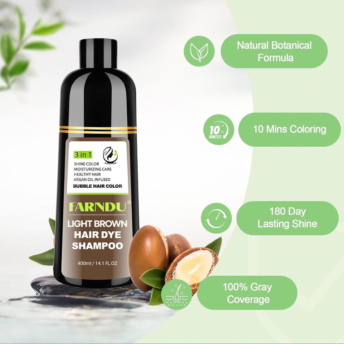 FARNDU Light Brown Hair Dye Shampoo 3 in 1 with Argan Oil – 10-15 Min Gray Coverage, Natural Instant Hair Color Shampoo for Women and Men, Long-Lasting Up to 6 Months
