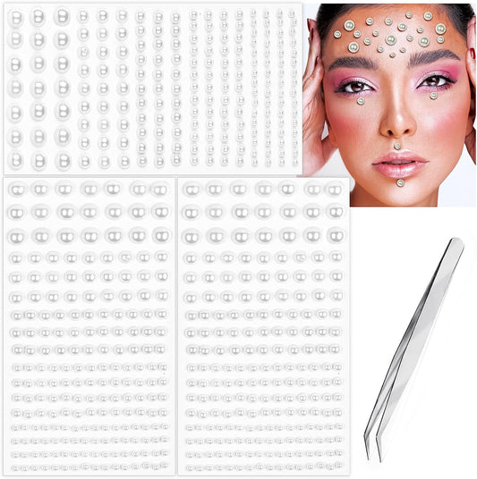 591pcs Face Gems Hair Gems Pearls, Self-Adhesive Face Jewels Eye Rhinestones 3/4/5/6/8 mm Face Gem Stick on, Halloween Makeup Gems Rave Accessories for Face Eyes Body Makeup (04.White Pearl)