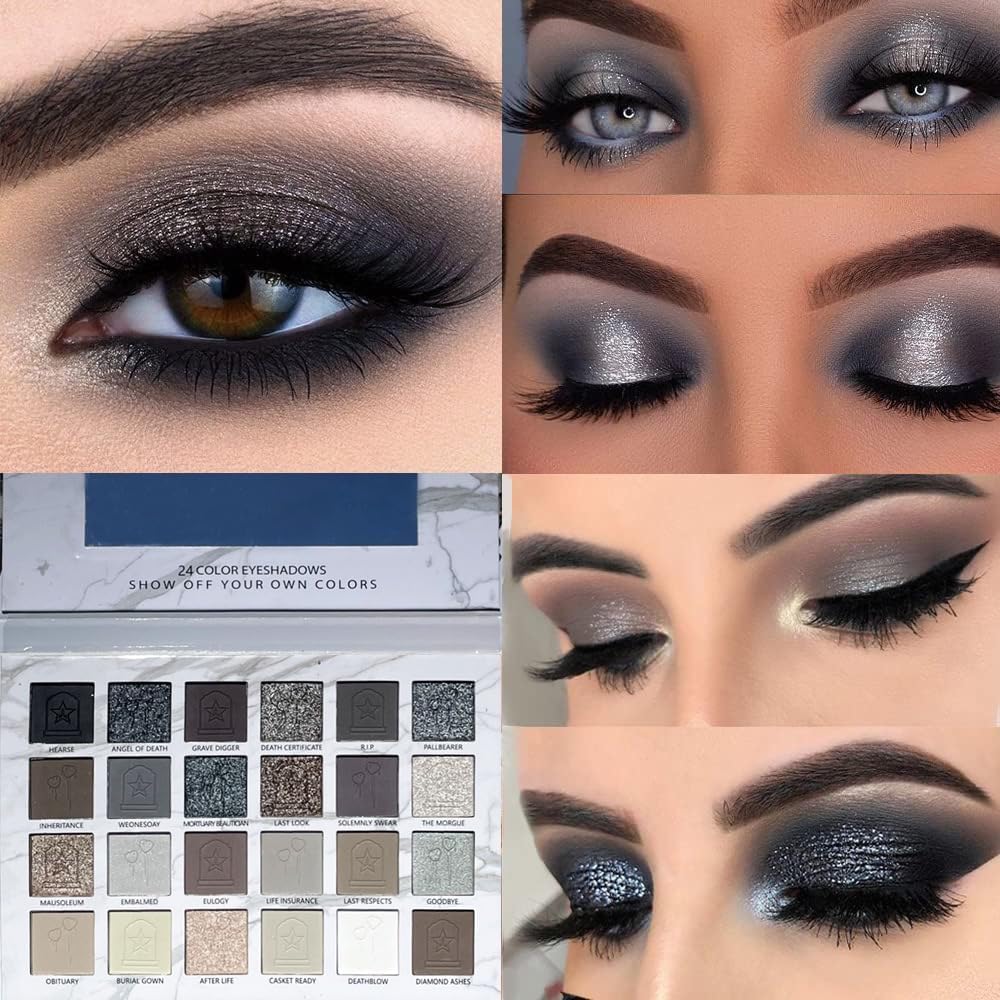 24Colors Black Grey Smokey Eyeshadow Palette, Matte Black Smoky Eye Shadow Palette, Shimmer High Pigmented Basic Black White Gray Shade Eye Black Makeup for Halloween. (24, Colors)