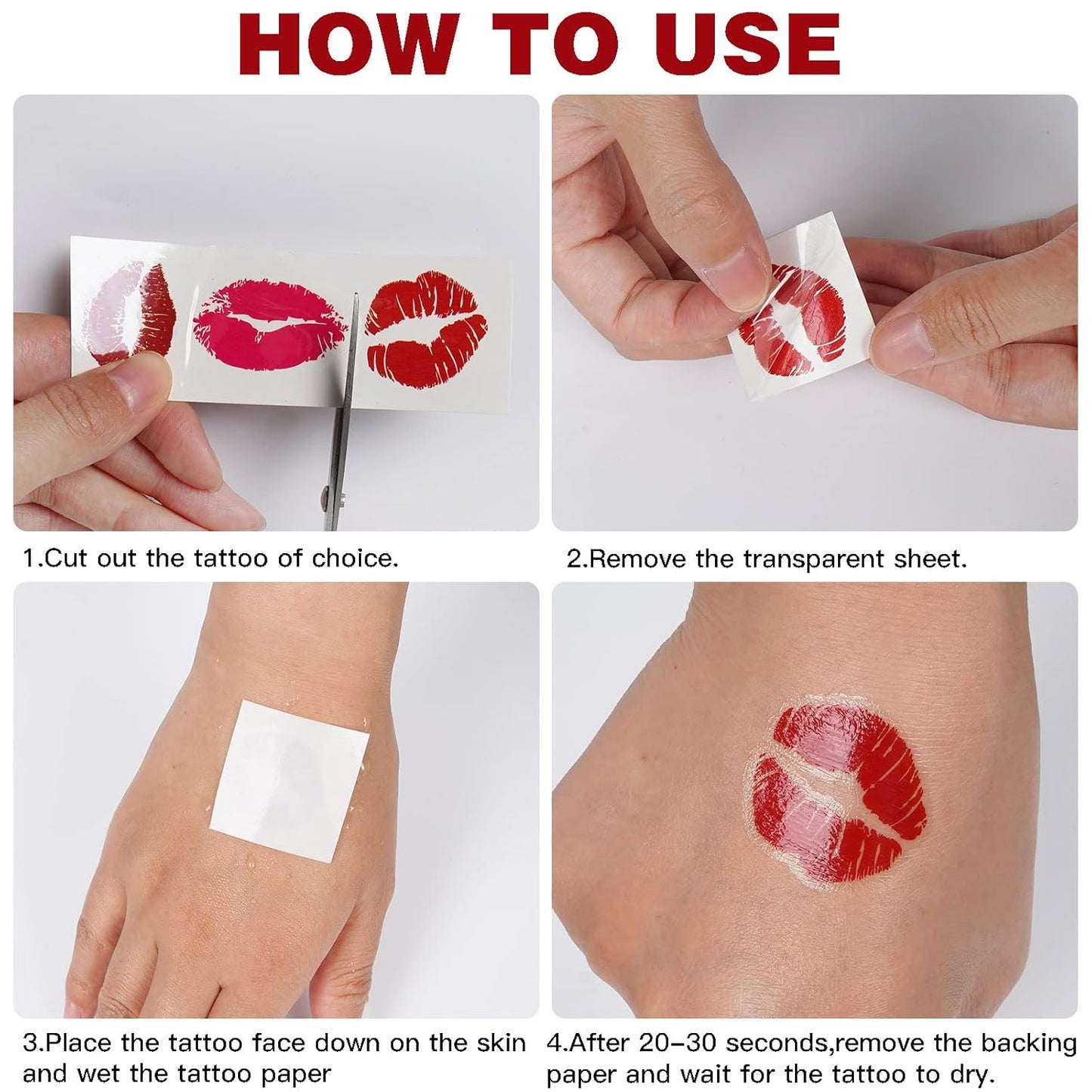 25 Sheets (65Pcs) Red Lips Temporary Tattoo Stickers, Self-adhesive Fake Red Lips Tattoos, Water-proof Face Stickers for Adult Women Girls Face Body Halloween Day Decorations