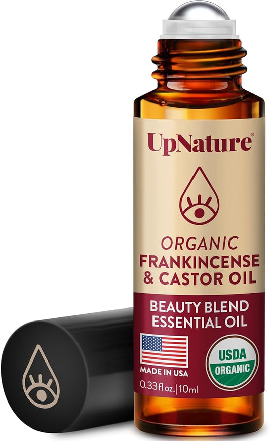 UpNature Beauty Essential Oil Blend Roll On - 100% Organic Castor Oil & Frankincense for Face - Wrinkles Dark Circles Under Eye Roller Ball Rollerball