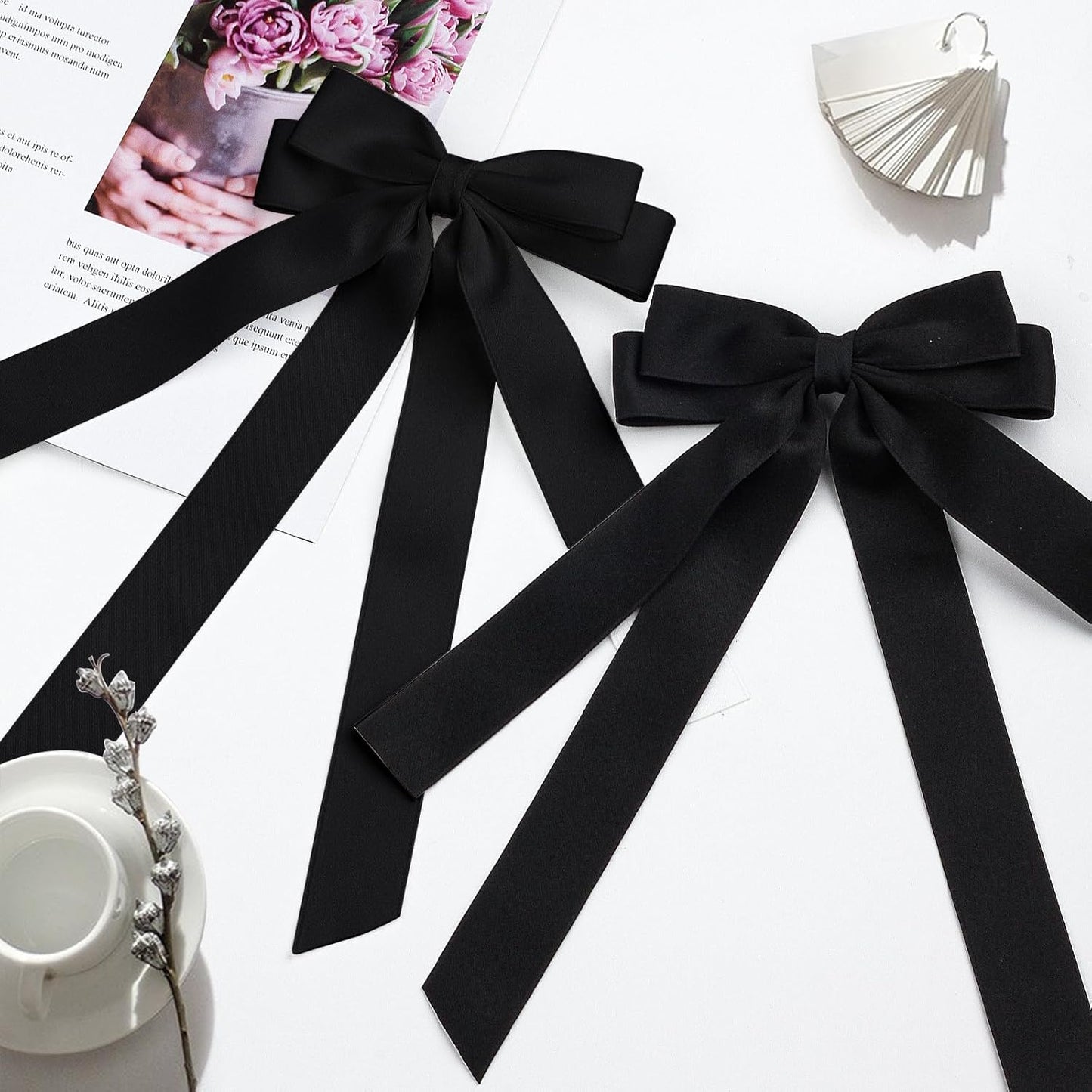 Bow Hair Clips 2PCS Set for Women and Girls - Black White Ribbon Bows for Hair, with Long Tail, Alligator Clip (Black)