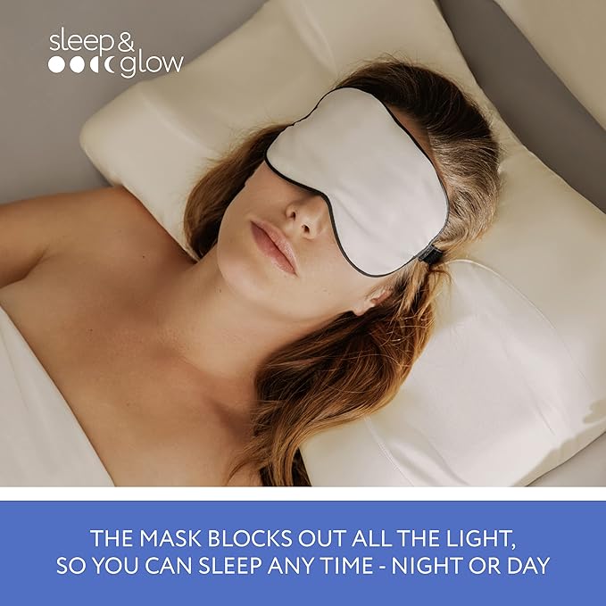 SLEEP & GLOW Silk Sleep Eye Mask Luxury Mulberry 22 Momme 100% Natural Triple Silk Blindfold with Adjustable Strap for Comfortable Sleeping & Face Skin Care (White)