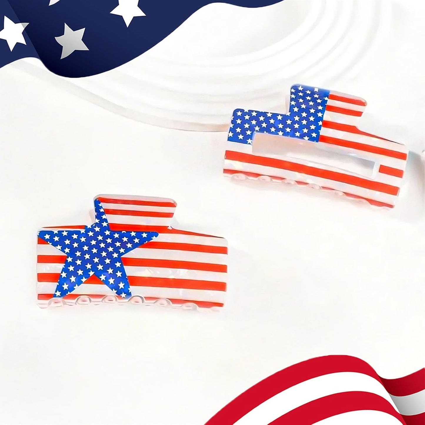 2 Pcs 4th of July Hair Claws for Women, Patriotic Hair Clips, Red White Blue Hair Claw Clips for Independence Day Party, Summer Hair Accessories with Stars and Stripes Design, Hair Claw for Thick Hair