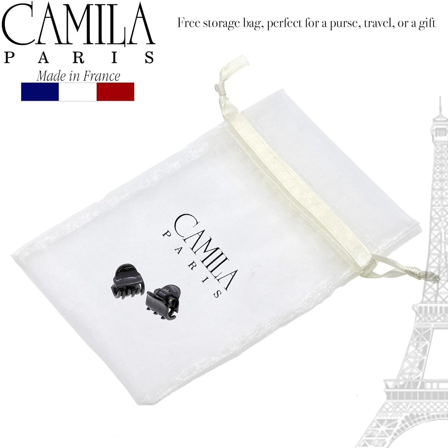 Camila Paris CP3288 French Hair Clip for Women, Set of 2 Small Black Girls Hair Claw Clips Fashion Durable Hair Accessories for Women, Luxury Ladies Strong Hold No Slip Grip Clamp, Made in France