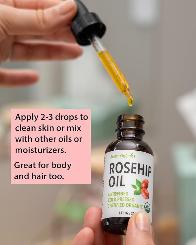 Rosehip Oil for Face - Unrefined & Cold Pressed Essential Oil from the Seed - Nourishing for Skin & Hair - USDA Certified Organic & 100% Pure - 1 Oz