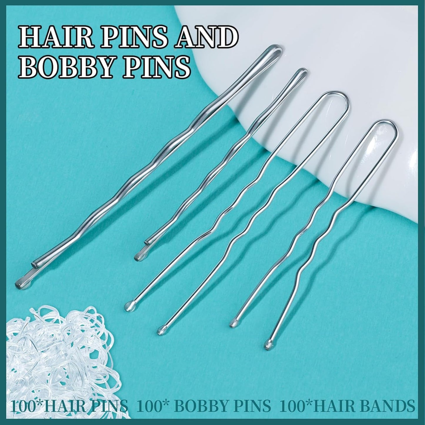 Teenitor 300pcs Silver Bobby Pins Hair Pins Kit, 100pcs Bobby Pins 100 Hair Pins for Women for Buns, 100pcs Hair Bands, 2" 2.36", Silver Bobb y Pins for Gray Hair 2" 2.75"