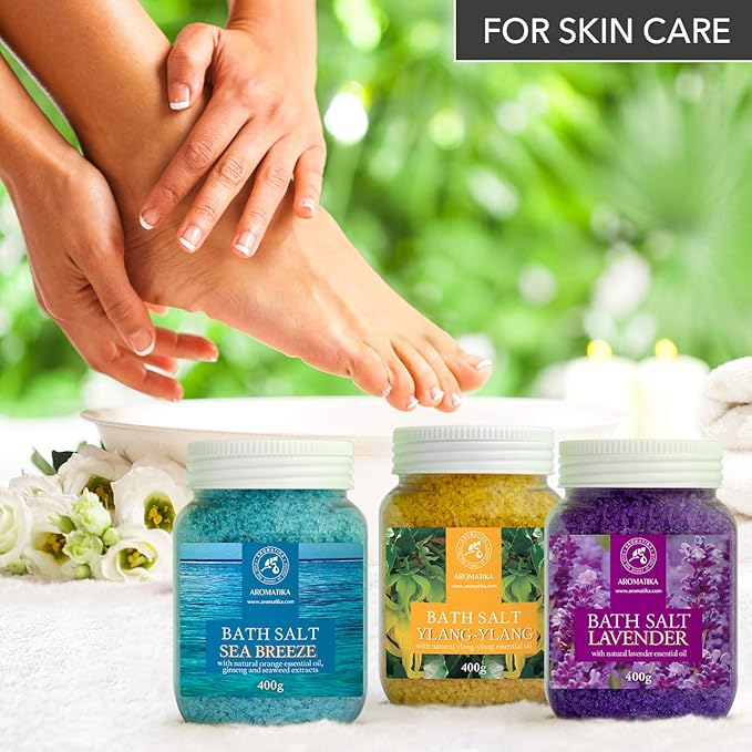 Bath Salts Set 42 Oz - Lavender - Sea Breeze - Ylang-Ylang - 100% Natural Essential Oil - Bathing - Body Care - Beauty - Relaxation - Spa