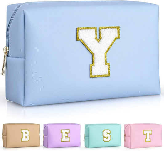 TOPEAST Preppy Makeup Bag, Small Cosmetic Travel Bags for Women, PU Leather Waterproof Toiletry Bag with Zipper, Personalized Birthday Gift for Women Girl, Preppy Gifts for Girl (Sky Blue Y)