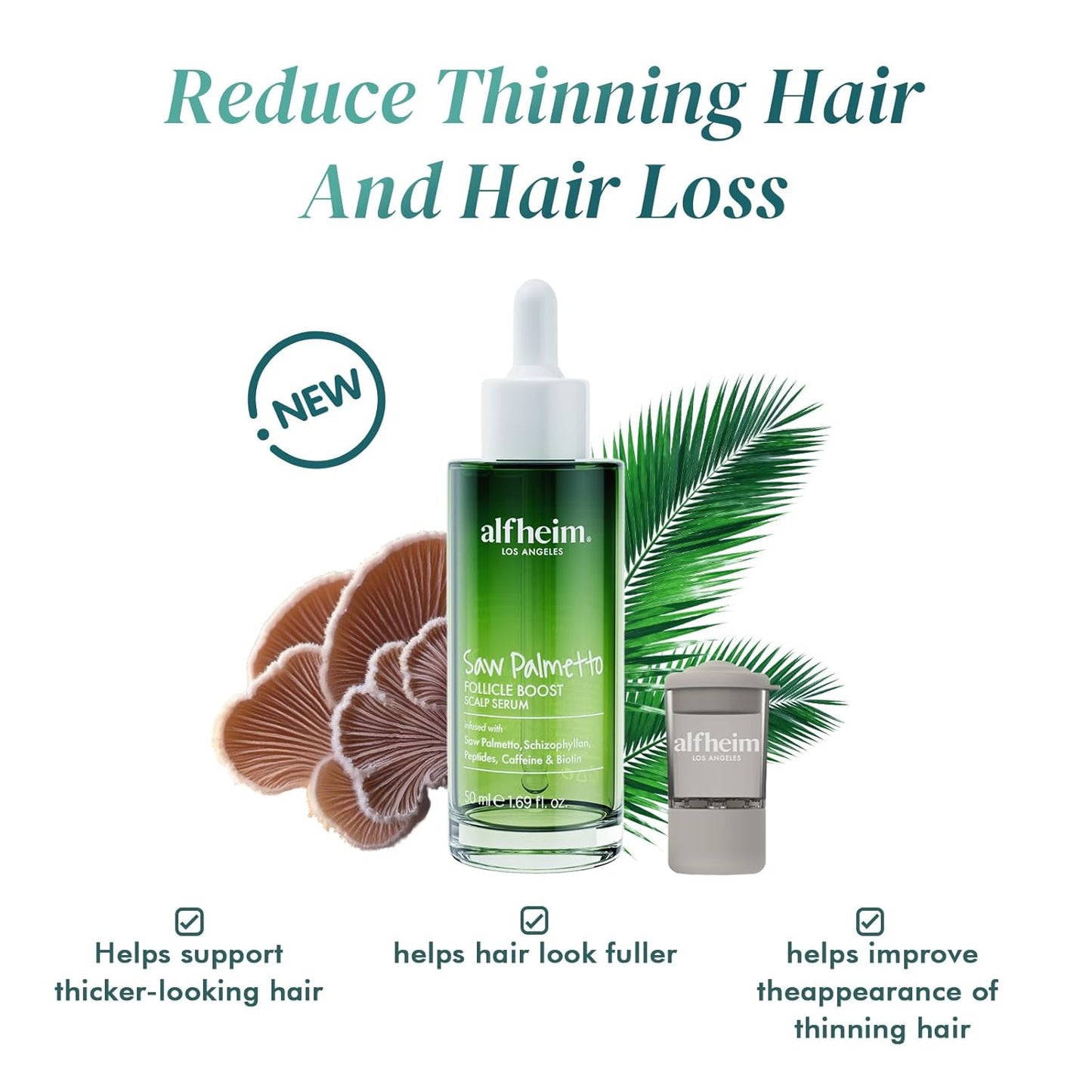 ALFHEIM Saw Palmetto Scalp Serum for Boost Follicle - Infused With Caffeine, Biotin for Thicker Hair - Balance Scalp, Rejuvenate Hair Follicles ＆ Improve Hair Density - 1.69 fl oz + Serum Applicator
