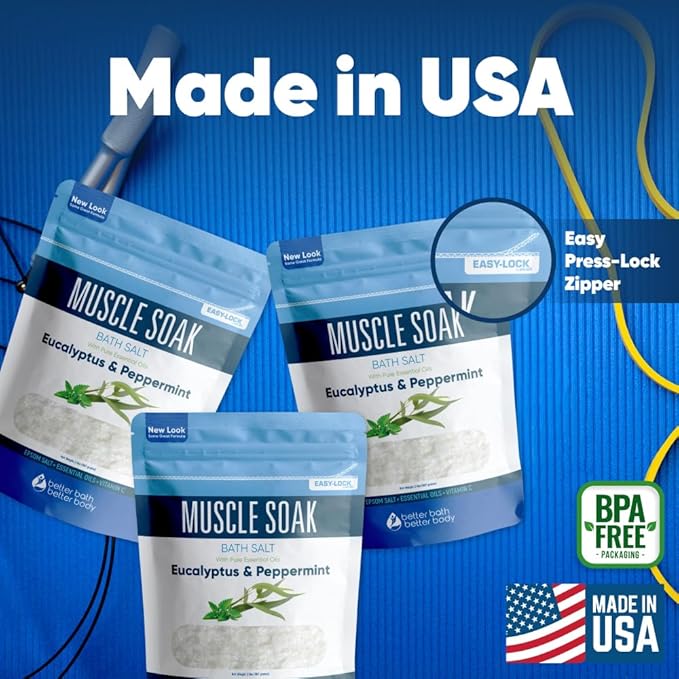 Muscle Bath Salt (3-Pack with Scoop) Muscle Bath Soaks with Pure Essential Oils in BPA Free Pouch with Press-Lock Seal Made in USA, Three 2-lbs Pouches 6-Lbs Total