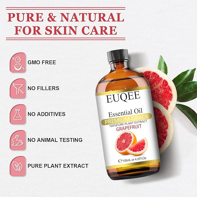 Grapefruit Essential Oil 118mL Pure Grapefruit Oil, Large Capacity Essential Oil with Glass Dropper for Diffuser, Aromatheraphy, DIY Soap (4fl.oz)