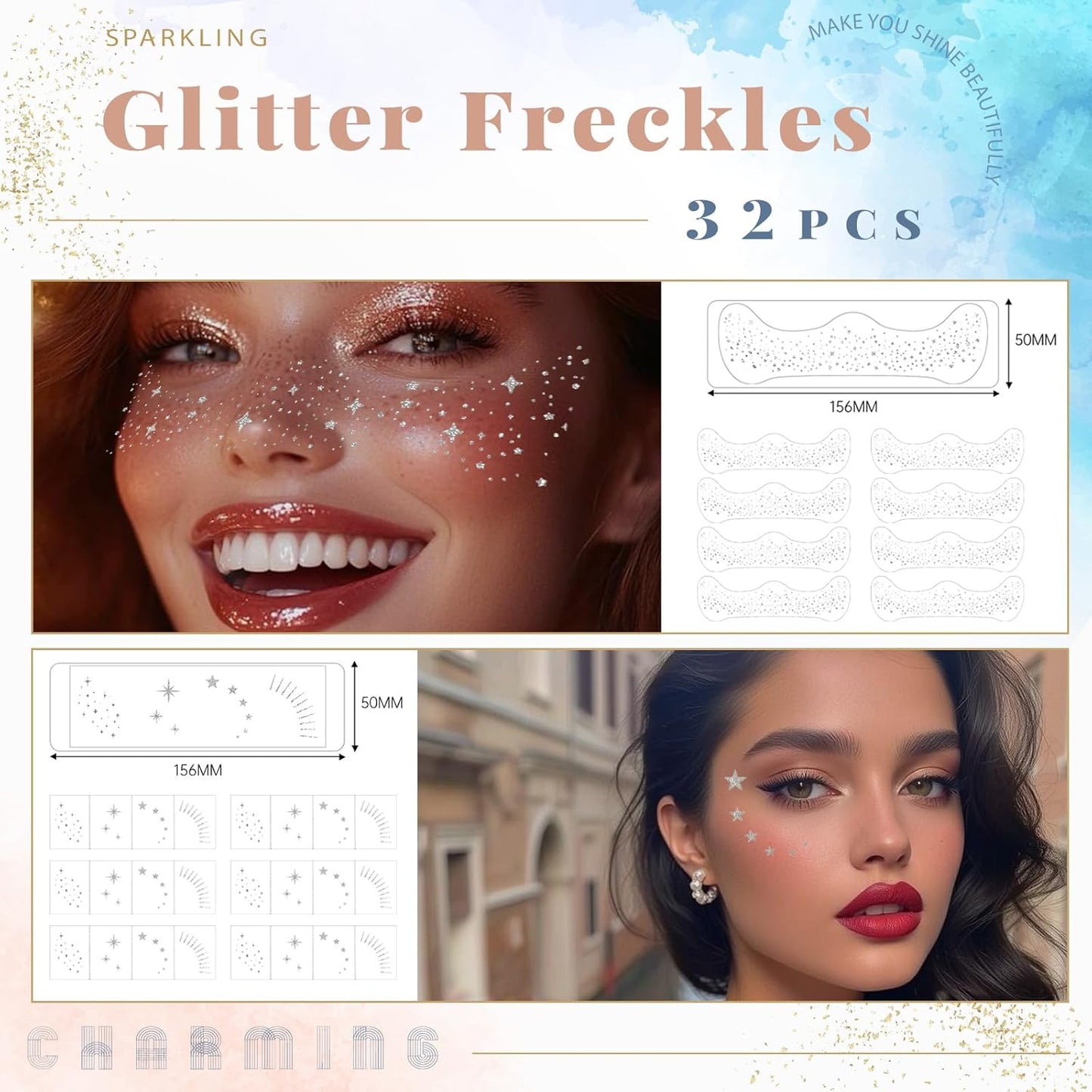 Glitter Freckles, 32 Pcs Sparkle Glitter Freckles Face Tattoo for Women Girls Silver Temporary Face Tattoos Concert Festival Rave Accessories (Silver)