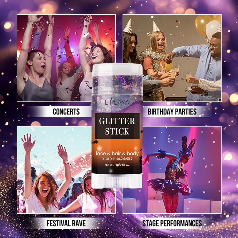Halloween Body Glitter Stick, Holographic Sparkling Neon Outfit Singer Concert Music Rave Festival Party Accessories Hair and Face Glitter Gel. (Black & Orange & Purple)