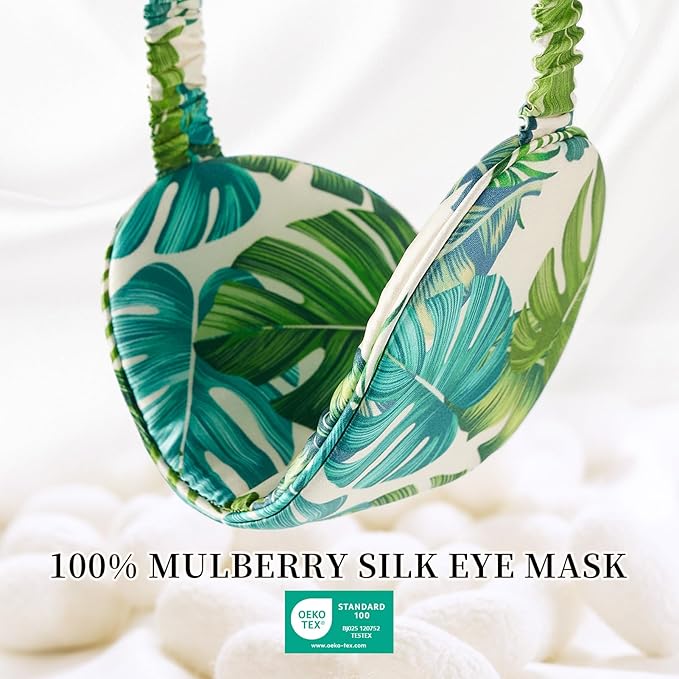 THXSILK Sleep Mask 100% 19 Momme Pure Mulberry Silk Super Smooth Cooling Decorative Sleep Eye Mask Blackout Eye Cover with Wide Head Strap, Monstera-Green