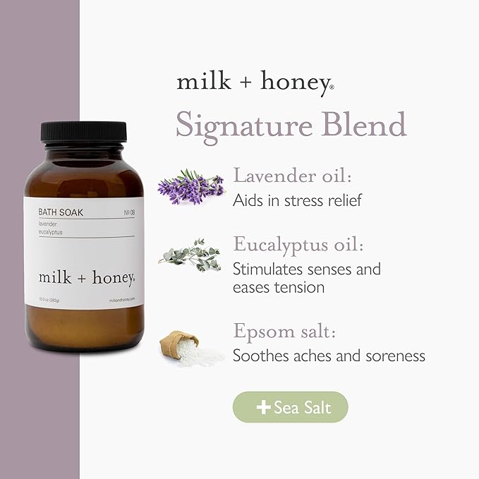 milk + honey Calming Bath Soak No. 8, Moisturizing Epsom Salt Bath Soak with Lavender and Eucalyptus Oils, Soothing and Relaxing, 10 oz