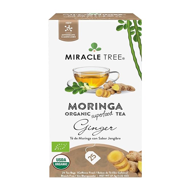 Miracle Tree - Organic Moringa Superfood Tea, 25 Individually Sealed Tea Bags, Ginger (Keto, Detox, Energy & Immunity Booster, Vegan, Gluten-Free, Organic, Non-GMO, Caffeine-Free)