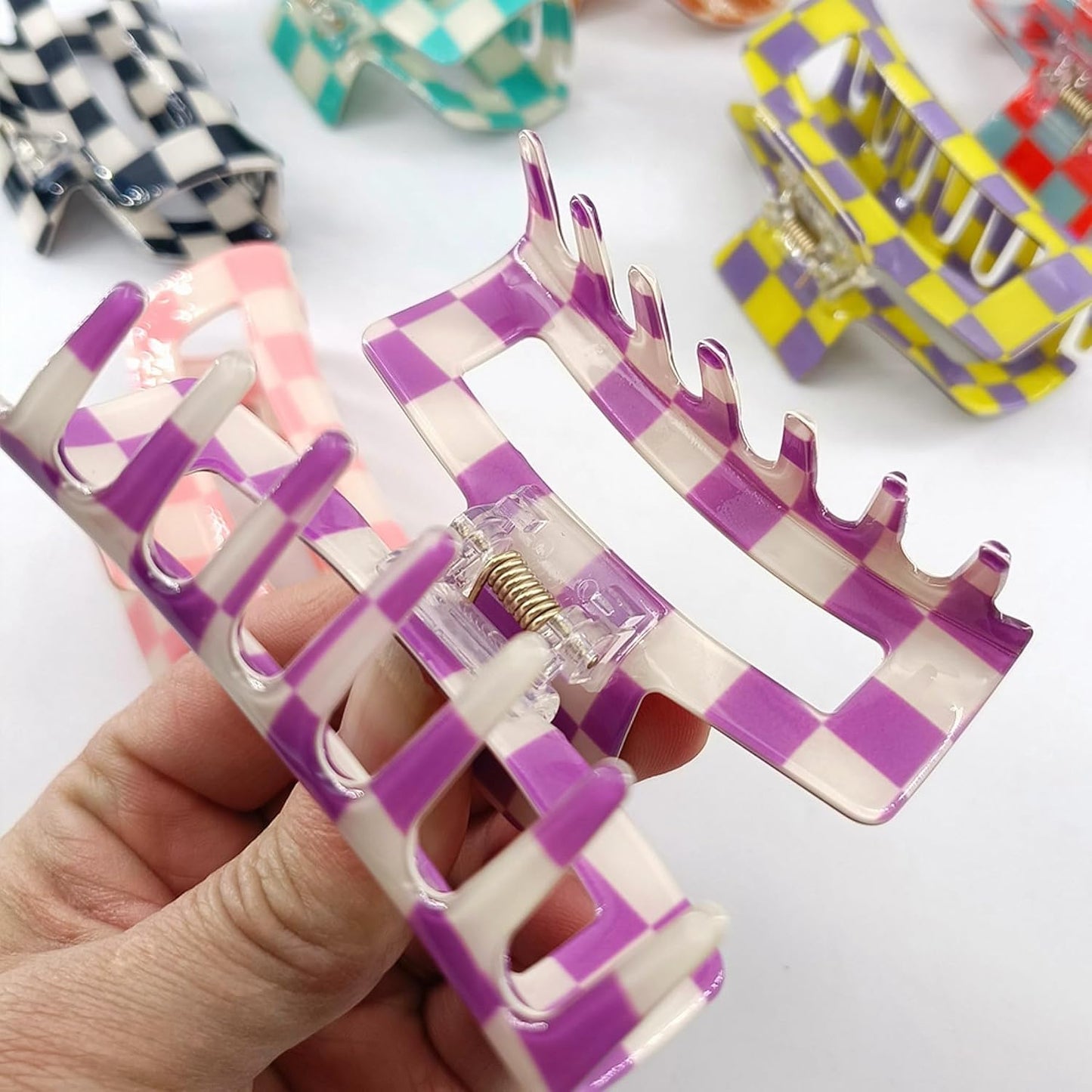 SINIDE Checkered Hair Claw Clips, Rectangle Bright Multicolored Square Checker Barrettes for Women Ladies Medium Non Slip Jaw Clip Acrylic Claw Clamps Accessories for Thin Thick Hair (4 Pack)