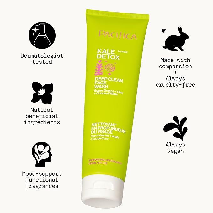 Pacifica Kale Detox Face Wash for Oily & Acne-Prone Skin, Deep Cleansing Facial Cleanser & Makeup Remover with Super Greens Kale, Seaweed & Clay, 5 fl oz –Clean Beauty, Vegan & Cruelty-Free