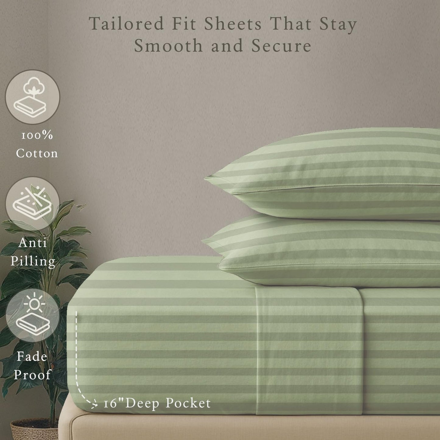Threadmill 500 Thread Count Full-Size Damask Stripe, 4 Pc Luxury Cotton Bedding Set, Breathable Sage Green Sheets with 16" Elasticized Deep Pocket, 2 Pillowcases & Free Tote Bag