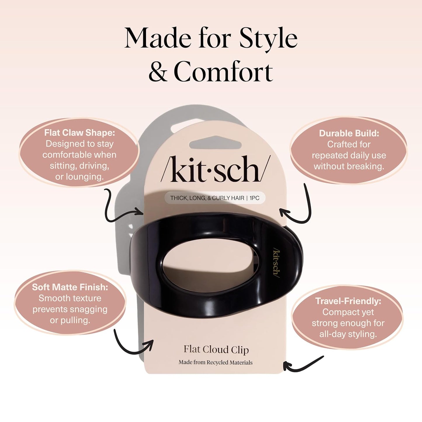 Kitsch Large Flat Claw Clips for Women - Stylish Flat Hair Clips, Strong Hold for Thick & Fine Hair | Non-Slip for Secure, Comfortable All-Day Wear | Ideal Gifts for Women - Black