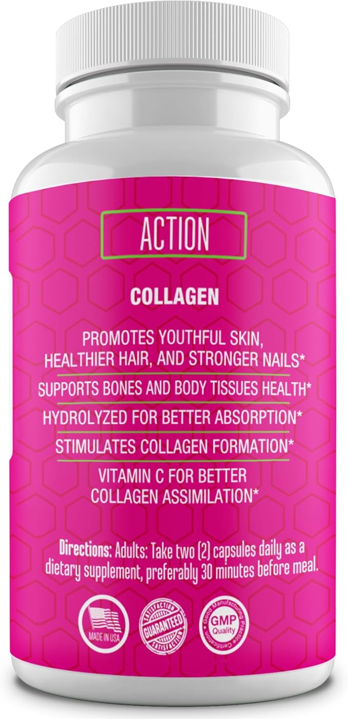 Collagen Peptides Supplement with Vitamin C, Biotin, and Hyaluronic Acid - 60 Capsules - Natural Formula - Supports Joints, Hair, Skin, and Nails - Made in The USA