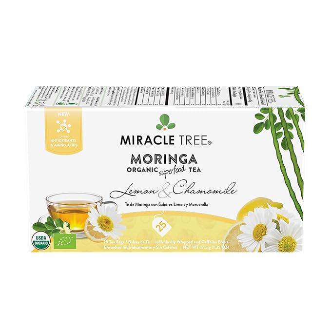 Miracle Tree - 3 Count of Organic Moringa Superfood Tea, 25 Individually Sealed Tea Bags, Lemon & Chamomile (Keto, Detox, Energy/Immunity Booster, Vegan, Gluten-Free, Organic, Non-GMO, Caffeine-Free)