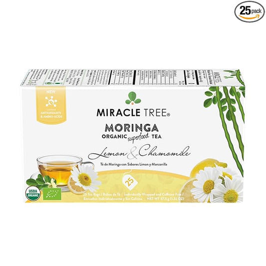 Miracle Tree - Organic Moringa Superfood Tea, 25 Individually Sealed Tea Bags, Lemon Chamomile (Keto, Detox, Energy/Immunity Booster, Vegan, Gluten-Free, Organic, Non-GMO, Caffeine-Free)