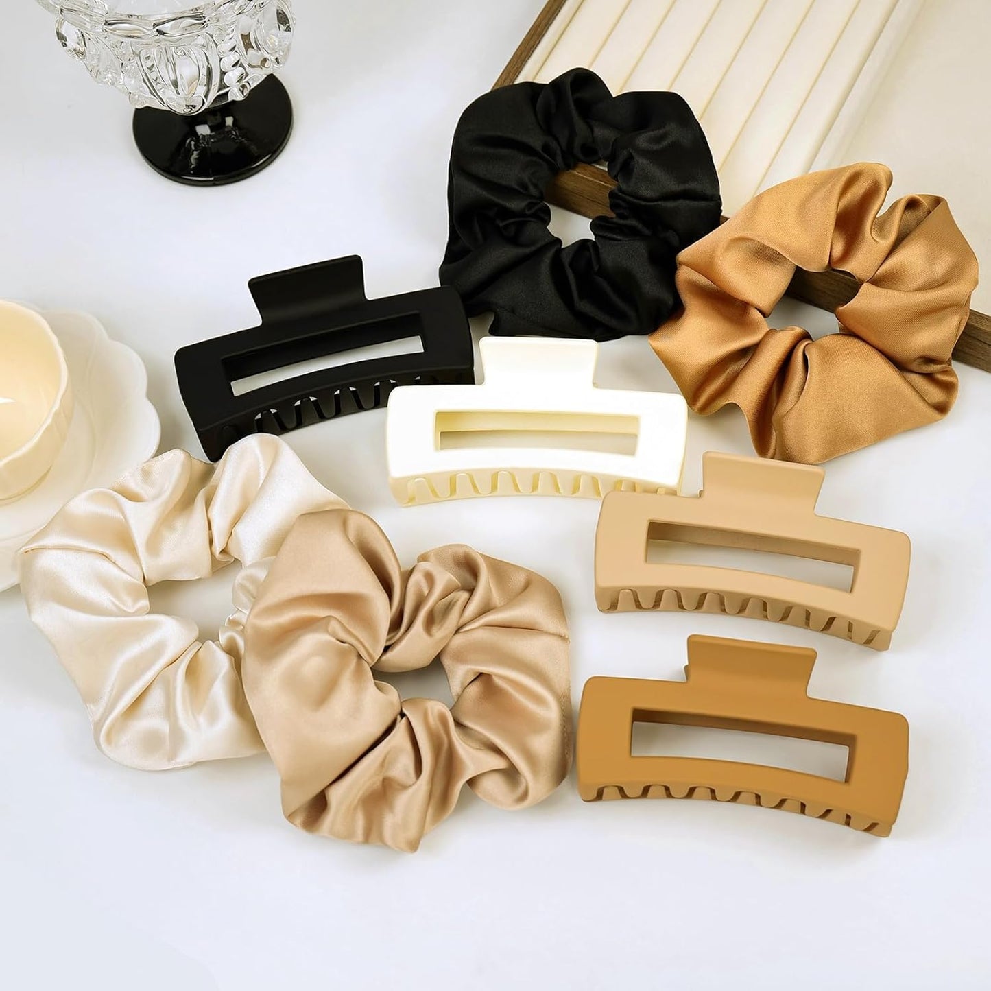 8pcs Hair Clips and Scrunchies Set – Medium Claw Clips for Women, Non-Slip Matte Hair Claws, Large Satin Scrunchies, Fall Hair Accessories for Thick Thin Hair, Neutral Color
