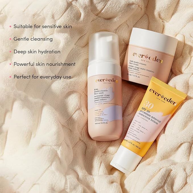 Evereden Kids Daily 1-2-3 Routine Bundle: Clean & Vegan Skin Care Set - Hydrating & Nourishing Tween Skincare Set with Multi-Vitamin Face Wash, Face Cream, Lotion, & SPF 30 Mineral Sunscreen (Melon)