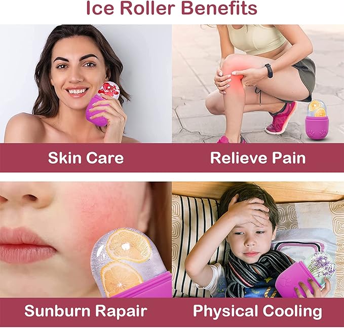 Ice Roller for Face & Eye, Facial Cold Massage Freezer Rollers, Multi-Functional Silicone Ice Face Mold Skin Care Tools for Puffiness Relief, Shrink Pores & Remove Fine Lines (Rose Red)