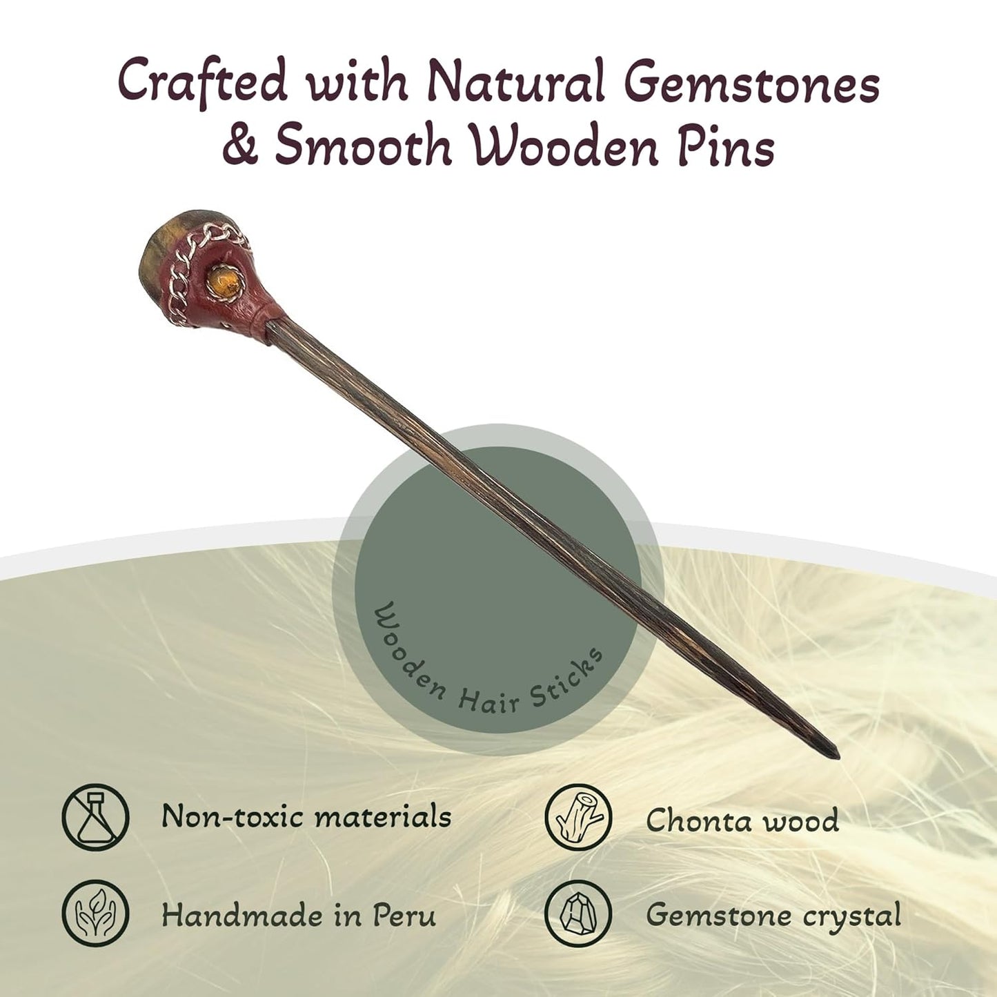 Mia Jewel Shop - Natural Tumbled Healing Gemstone Crystal Chonta Wooden Hair Sticks – Handmade Hair Sticks for Women | Hair Pins Boho Reiki Accessories, Fashion Gifts (Brown Tiger's Eye)