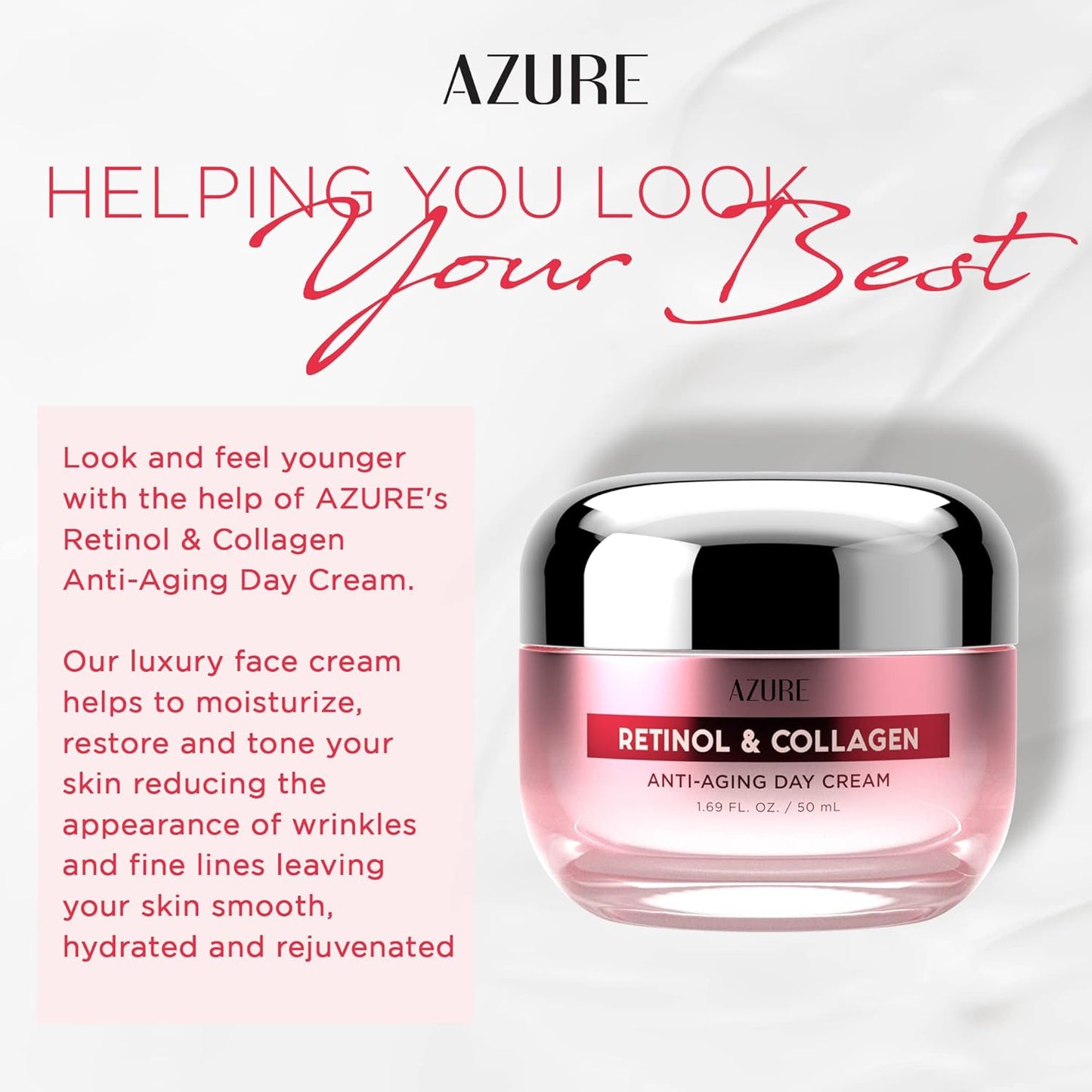 Azure Cosmetics Retinol & Collagen Moisturizer For Face - Dermatologist Tested, Anti-Aging - Skin Tightening, Fine Lines and Wrinkles Treatment Face Cream - Korean Skin Care - All Skin Type 1.69 fl oz