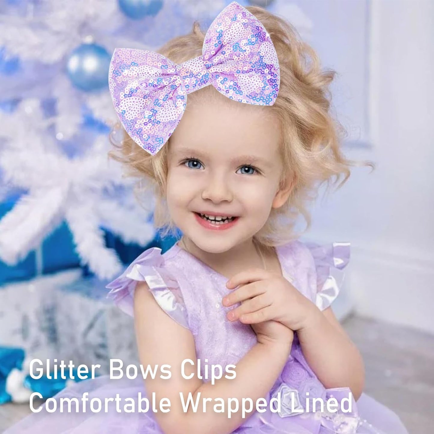 Large Big Sparkling 5 Inch Glitter Heart Hair Bows Clips Sequin Bow Alligator Clips Hair Accessories for Girls, Teens, Toddlers（Light Purple）