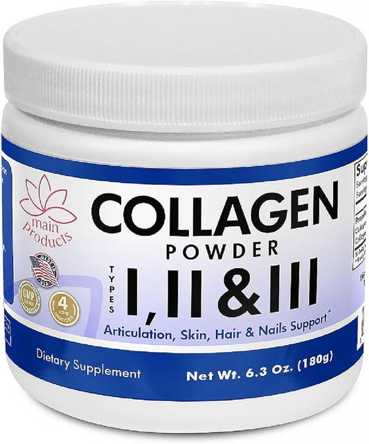 Collagen Powder Type I, II & III. Hydrolyzed Collagen and Hyaluronic Acid, Net Wt 6.3 Oz Supports Articulation, Skin, Hair and Nails. Collagen Powder 1, 2, 3.