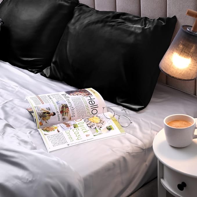 2 Pack Satin Pillowcase with Latent Zipper, Adjustable Satin Eye Mask for Sleeping and Satin Volume Scrunchie for Hair and Skin, Standard Size (Classic Style, Black)