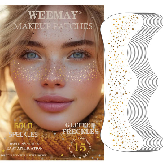15 Pcs Gold Glitter Freckles Face Tattoo, Gold glitter Freckles Makeup Patches, Waterproof Sparkle Freckles, Glitter Freckles Temporary Face Tattoos for Women