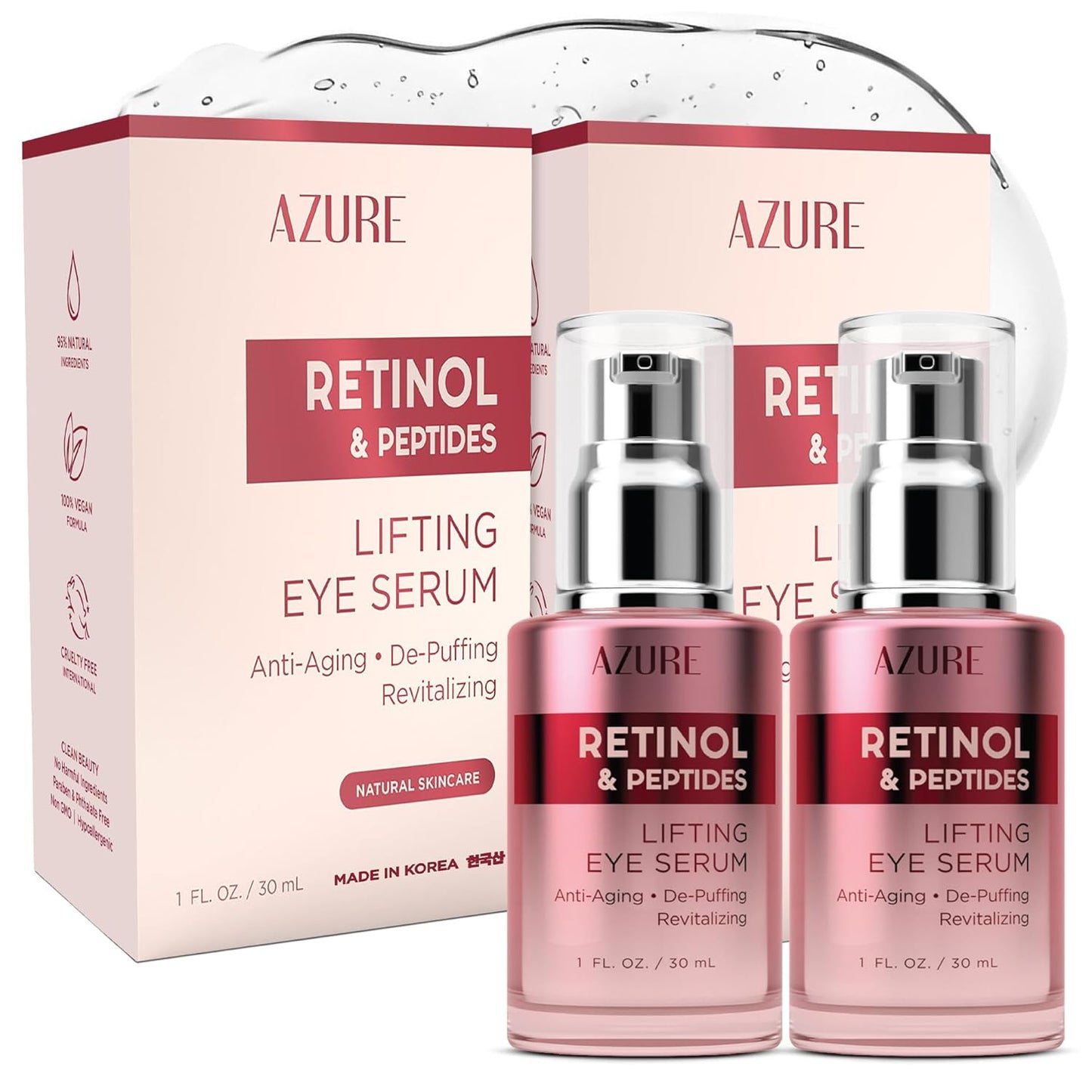 AZURE Retinol & Peptides Lifting Eye Serum - Anti Aging, De-Puffing & Revitalizing Dark Circle Corrector - Reduces Wrinkles, Fine Lines & Under Eye Bags - Skin Care Made in Korea - 30mL - 2 pack.