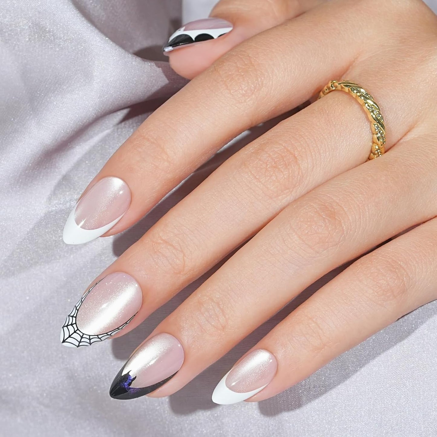 Halloween Press On Nails Almond - Vampire Bat Black French Tip Press On Nails Short Cat Eye Acrylic Square Halloween Nails with Glue Stick On Nails Fake Nail in 16 Sizes - 32 PCS Soft Gel Kit